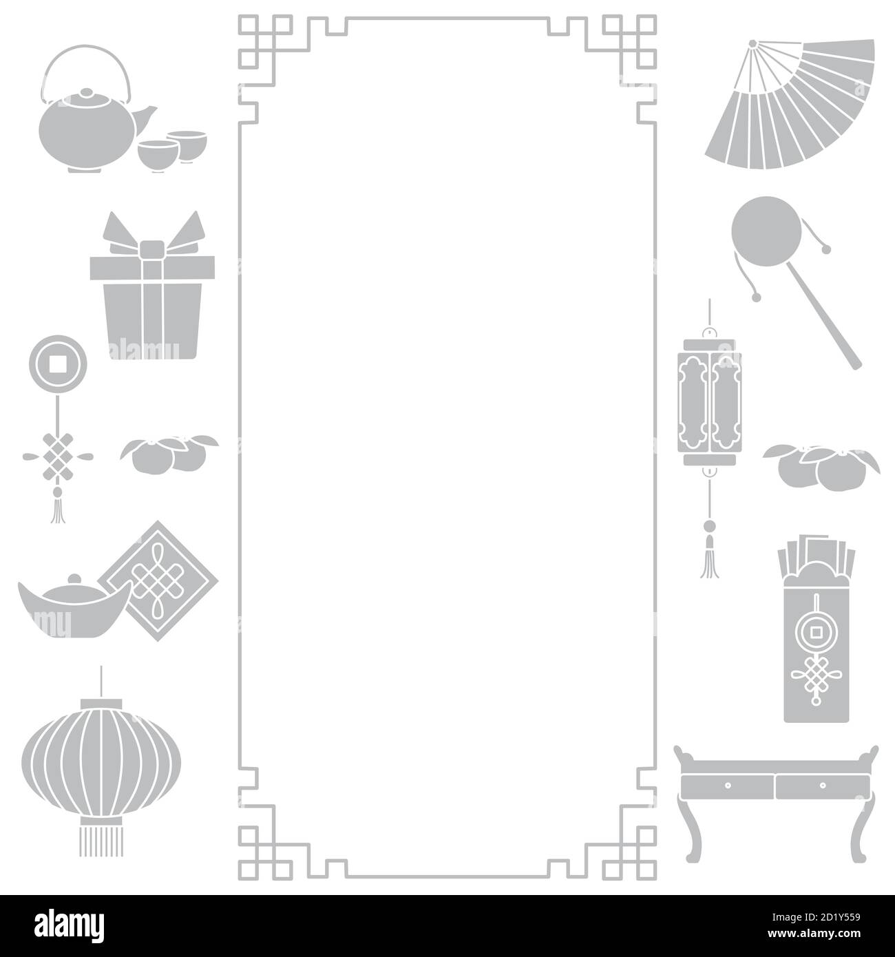 Symbole des chinesischen Neujahrs 2021 Vektor-Illustration Chinesische Laterne, Mandarinen, Umschlag mit Geld, Rassel, Ingot, Fächer, Geschenkbox, Münze, Wasserkocher, Tasse Stock Vektor