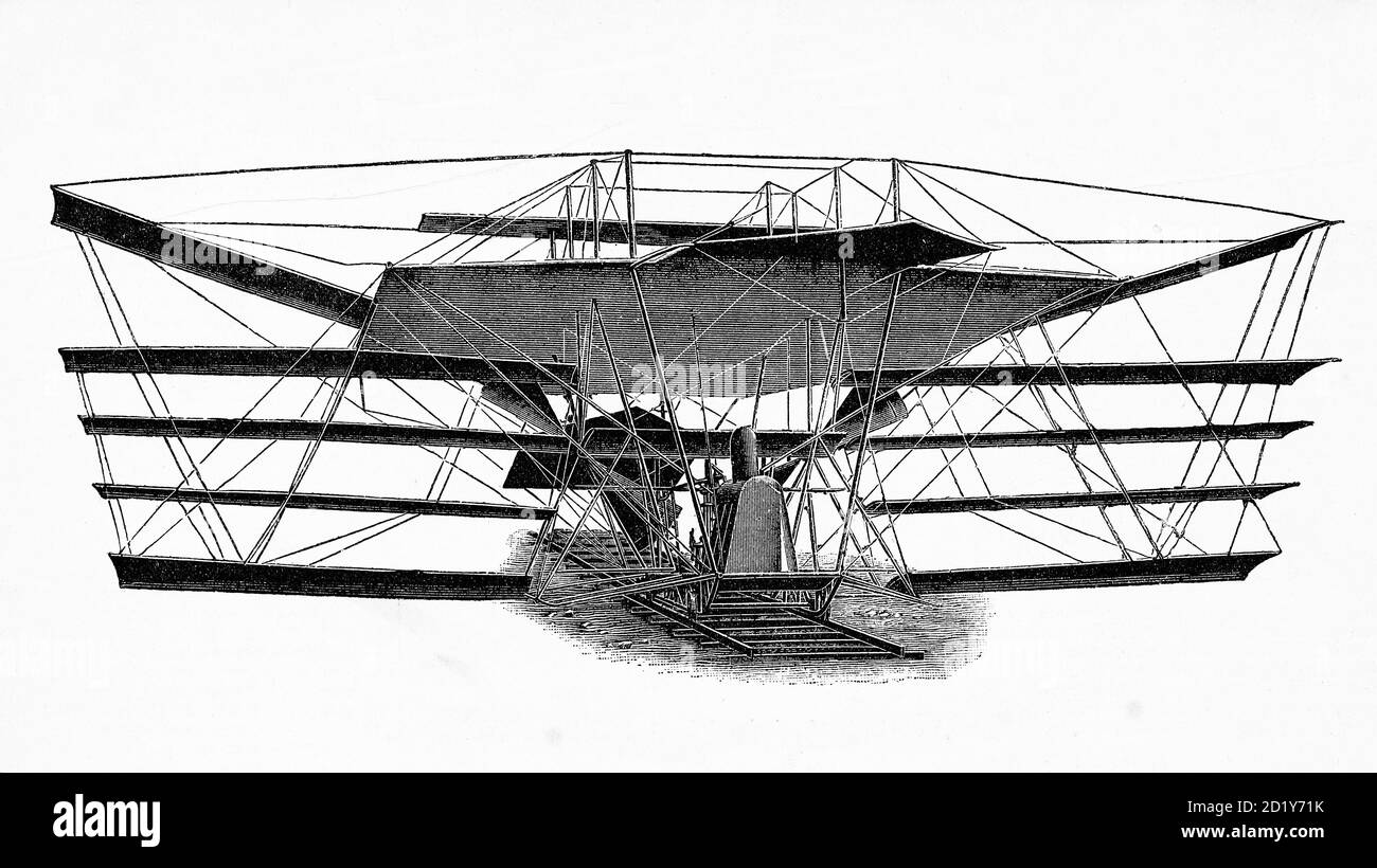 Maxim fliegende Maschine. Hyram Stevens Maxim, amerikanischer Pionier, Erfinder der Maxim-Pistole, behauptete Erfinder der Glühbirne. Antike Illustration. 1894. Stockfoto