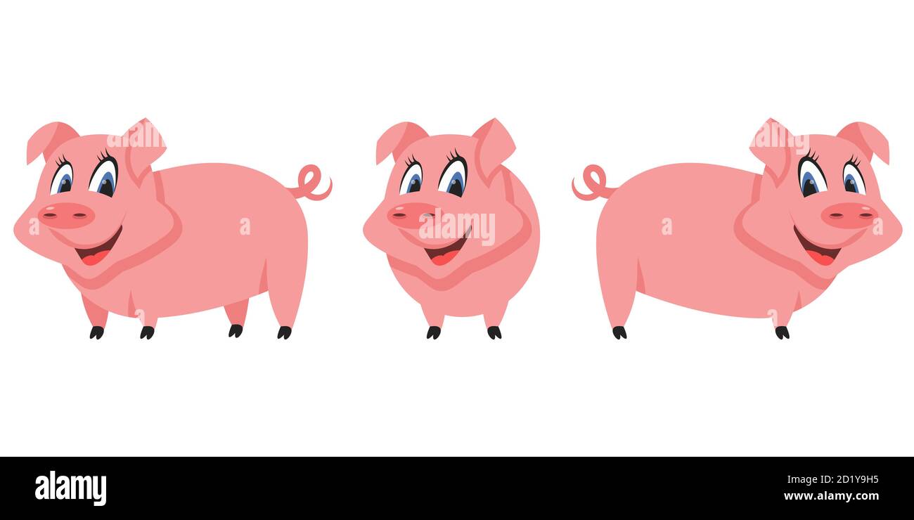 Schwein in verschiedenen Posen. Bauernhof Tier im Cartoon-Stil. Stock Vektor