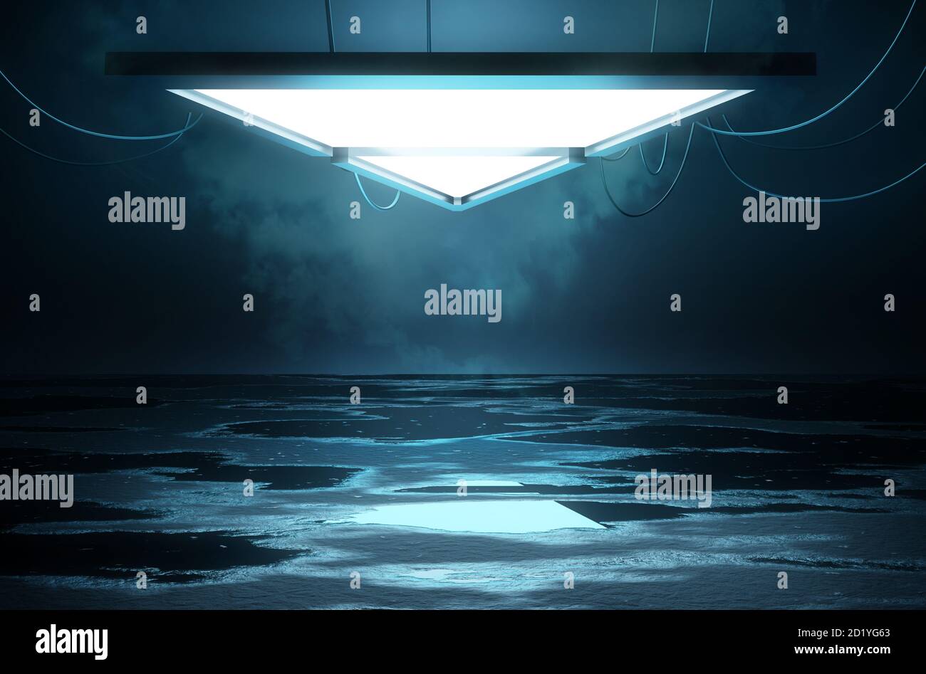 Bühnenbeleuchtung und ein leeres Plattformkonzept mit reflektierendem Boden mit feuchten Pfützen. 3D-Illustration. Stockfoto