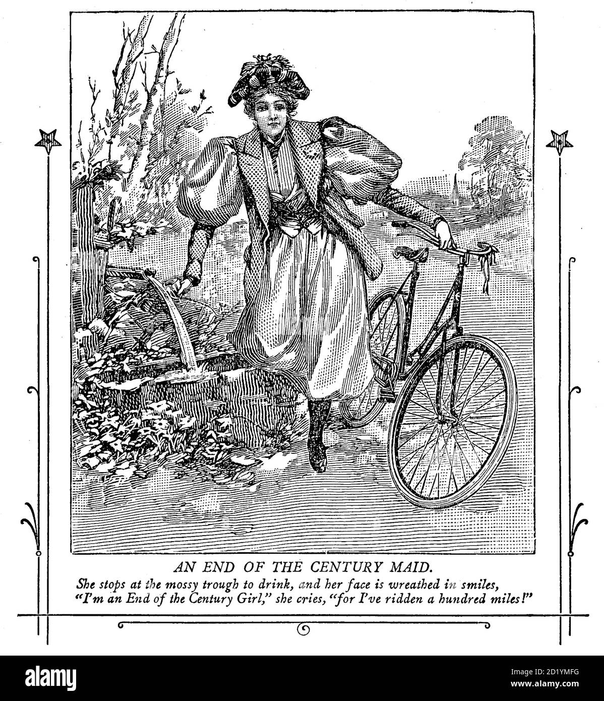 Ende des 19. Jahrhunderts freimütig Frau auf dem Fahrrad von unterwegs zu Gesundheit und Glück von Charles A. Vogeler Company [Werbung] Erscheinungsdatum 1897 [Nächste Sache, die Sie wählen wollen] Stockfoto