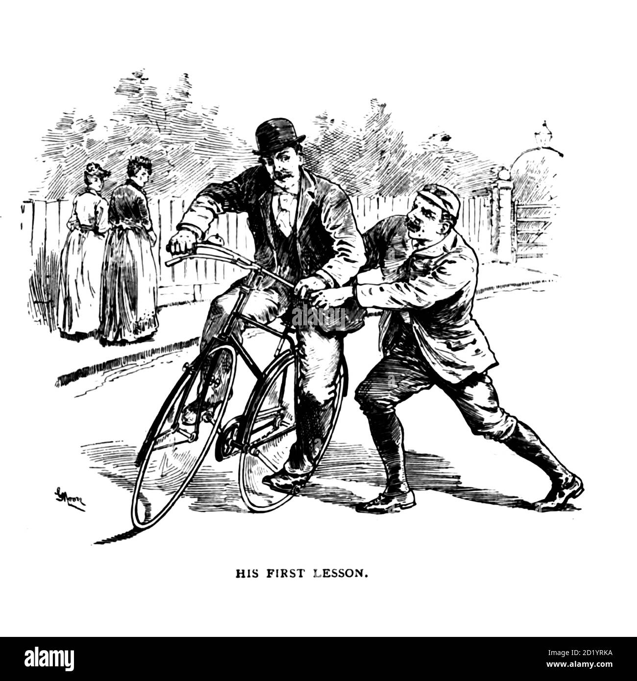 Seine erste Lektion aus "Radfahren" von der rechten Hon. Earl of Albemarle, William Coutts Keppel, (1832-1894) und George Lacy Hillier (1856-1941); Joseph Pennell (1857-1926) Veröffentlicht von London und Bombay : Longmans, Green and co. In 1896. Die Badminton Library Stockfoto
