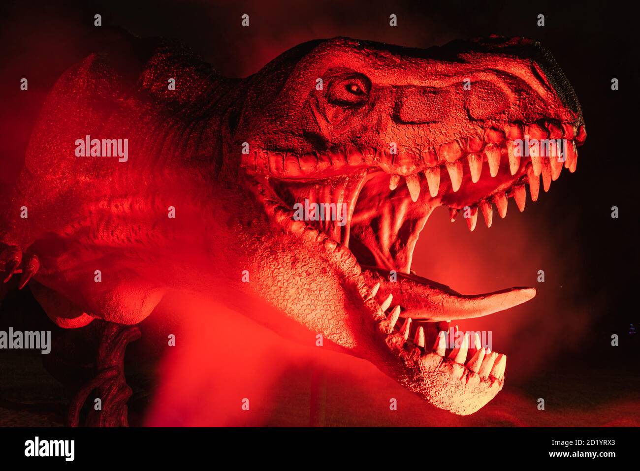 LUBIN, POLEN - 15. AUGUST 2020 - lluminated realistisches Modell des Dinosauriers Tyranosaurus Rex im Park Wroclawski während der Museumsnacht. Stockfoto