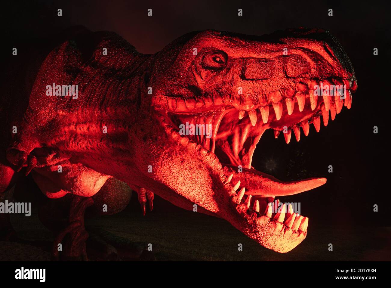 LUBIN, POLEN - 15. AUGUST 2020 - lluminated realistisches Modell des Dinosauriers Tyranosaurus Rex im Park Wroclawski während der Museumsnacht. Stockfoto