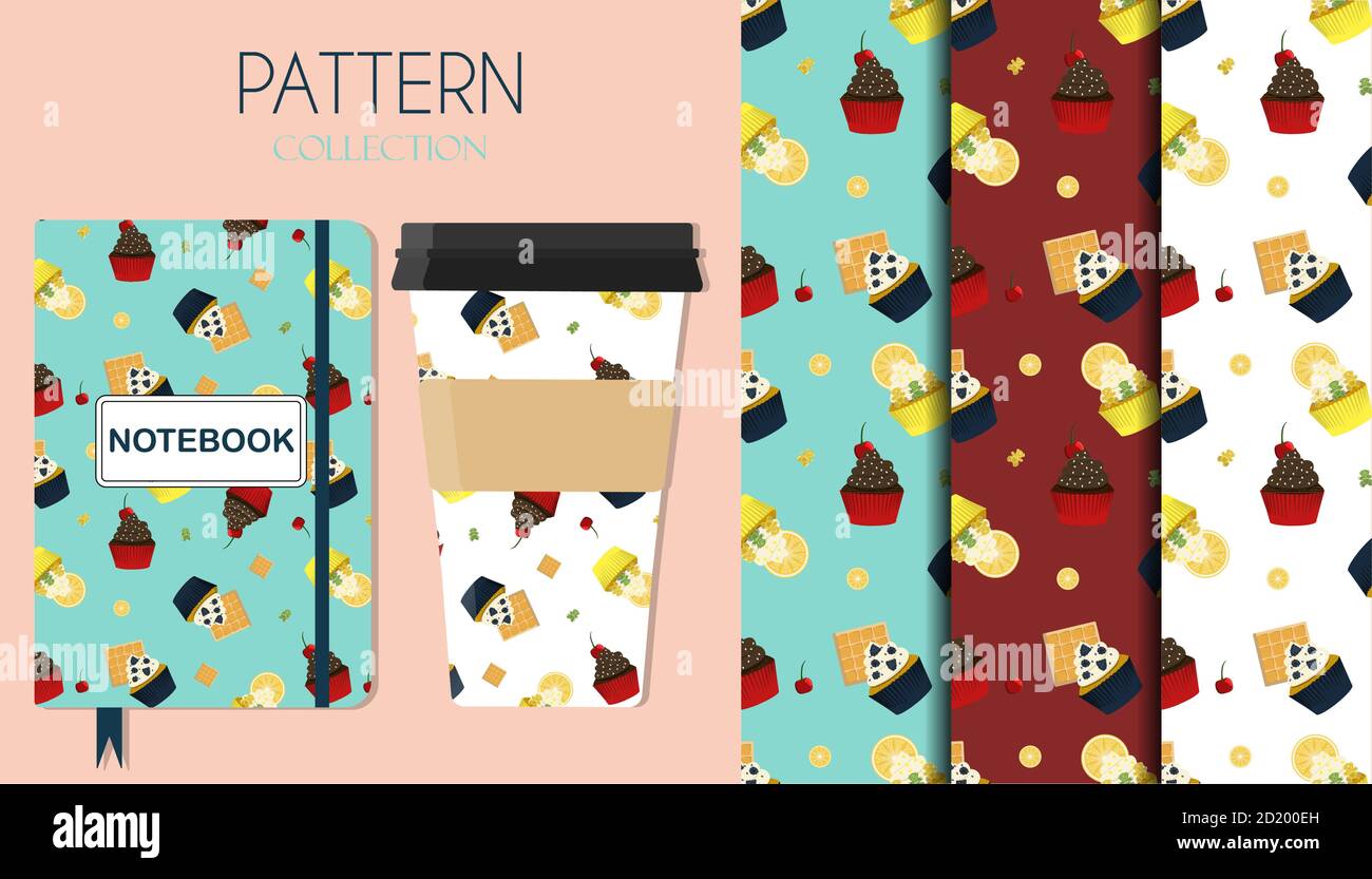 Eine Reihe von Mustern mit Cupcakes mit Kirschen, Schokolade, Zitrone, Beeren und Waffeln. Flache Illustration von trendigen Retro Cupcakes mit verschiedenen Toppings. Muster auf einem Notizblock und Kaffeetasse als Beispiel. Eine Reihe von hellen Hintergründen für Menüs, Bäckereien, Geschäfte und andere helle Elemente. Stock Vektor