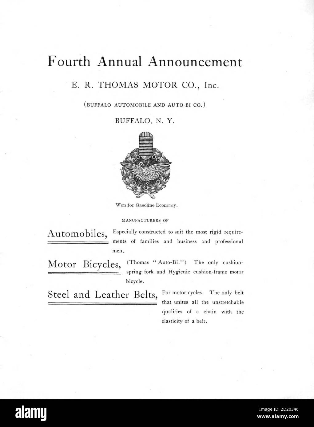 Der E. R. Thomas Motor Co. Inc. Advance Catalog - Hersteller von Automobilen und Auto-Bi Motorrädern - aus Buffalo New York, USA, gedruckt 1903. E. R. Thomas Motor Company war ein Hersteller von motorisierten Fahrrädern, motorisierten Dreirädern, Motorrädern und Automobilen in Buffalo, New York zwischen 1900 und 1919 Stockfoto