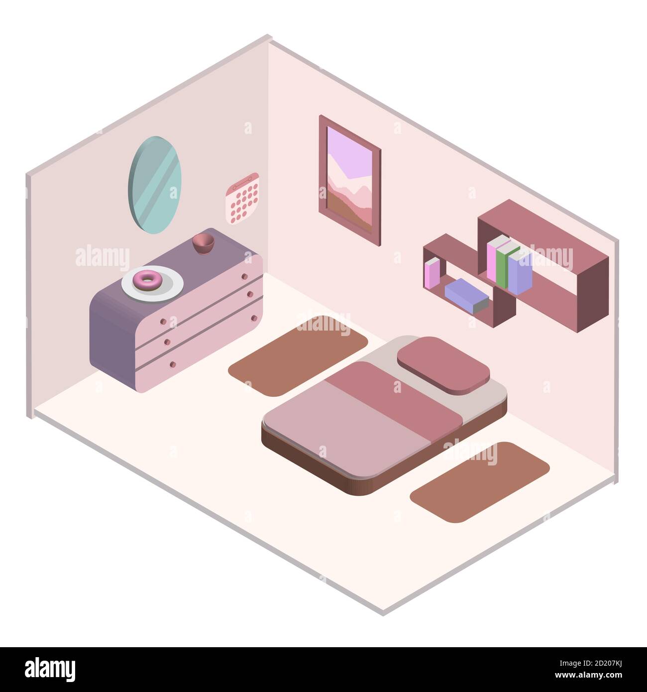 Isometrisches Schlafzimmer innen. Raumgestaltung, Design für Spiele. Stock Vektor