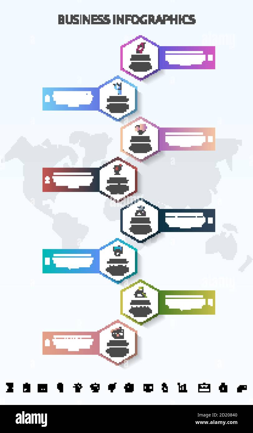 Vektor-Infografik-Schablone Sechsecke für acht Symbole, Diagramm, Diagramm, Darstellung. Geschäftskonzept mit 8 Schritten Stock Vektor
