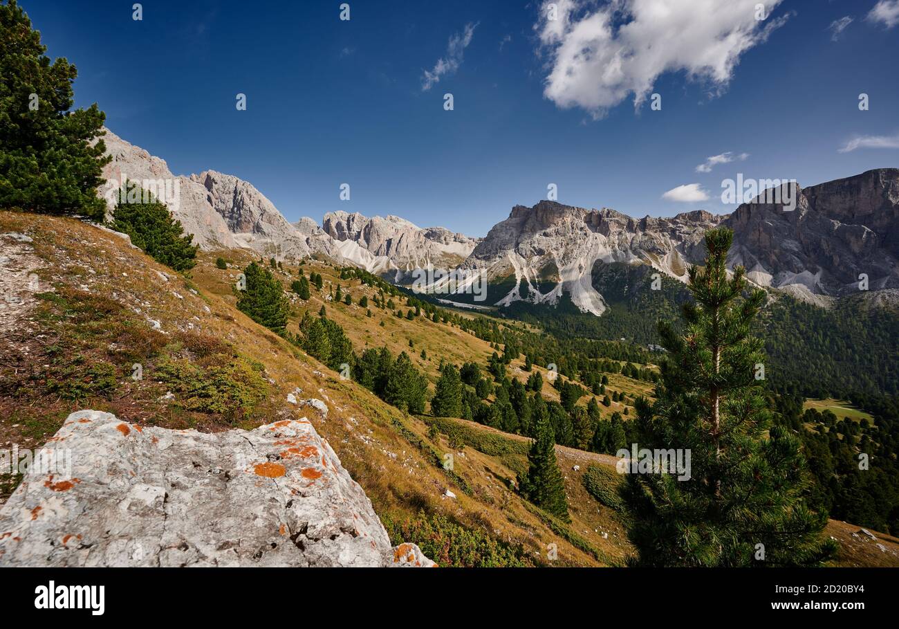 Geisler Gruppe, Naturpark Puez-Geisler, Wolkenstein, Südtirol, Italien Stockfoto