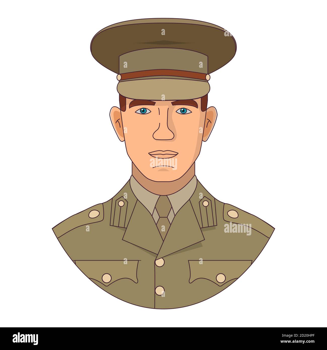 Armee Mann Soldat Zeichentrickfigur.Military Menschen, ein Offizier in Uniform und eine Kappe. Stock Vektor