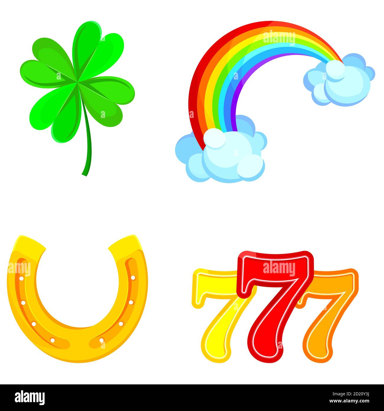 Glückssymbole. Klee, Regenbogen, Hufeisen und dreifache Siebener im Cartoon-Stil. Stock Vektor