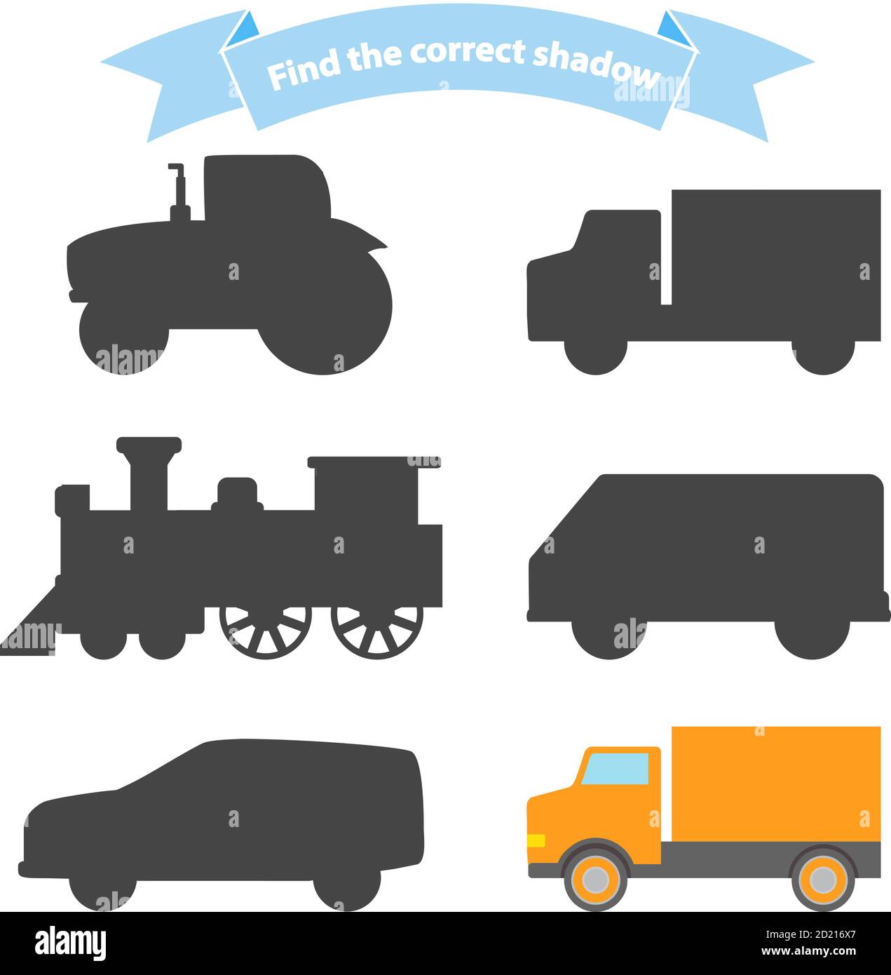 Finden Sie die richtige Schatten Transport.Educational Spiel für Kinder Auto, Dampflokomotive, LKW, Traktor, van. Stock Vektor