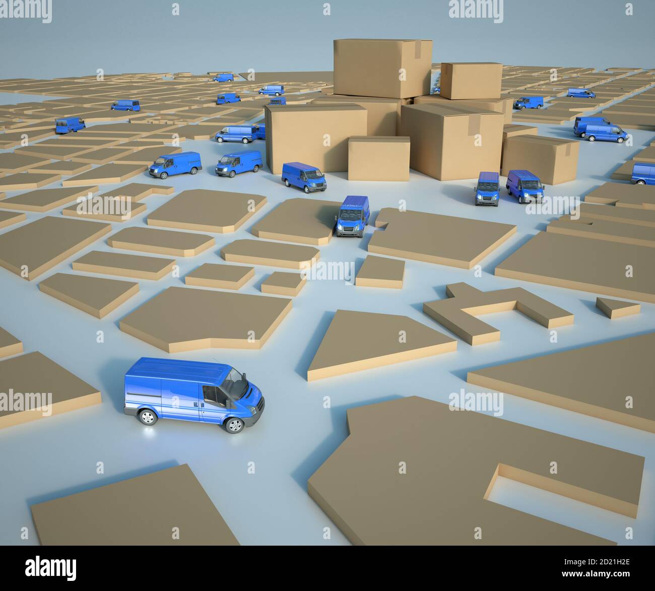 3D-Rendering einer Papptext Blue Map mit blau Lastwagen im Umlauf und ein Stapel von Kartons Stockfoto