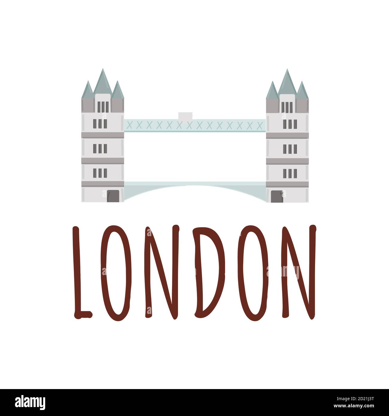 Vektor-Illustration London Tower Bridge Symbol. Vereinigtes Königreich berühmtes Wahrzeichen. Farbige Vektorgrafik mit Schriftzug London. Stock Vektor