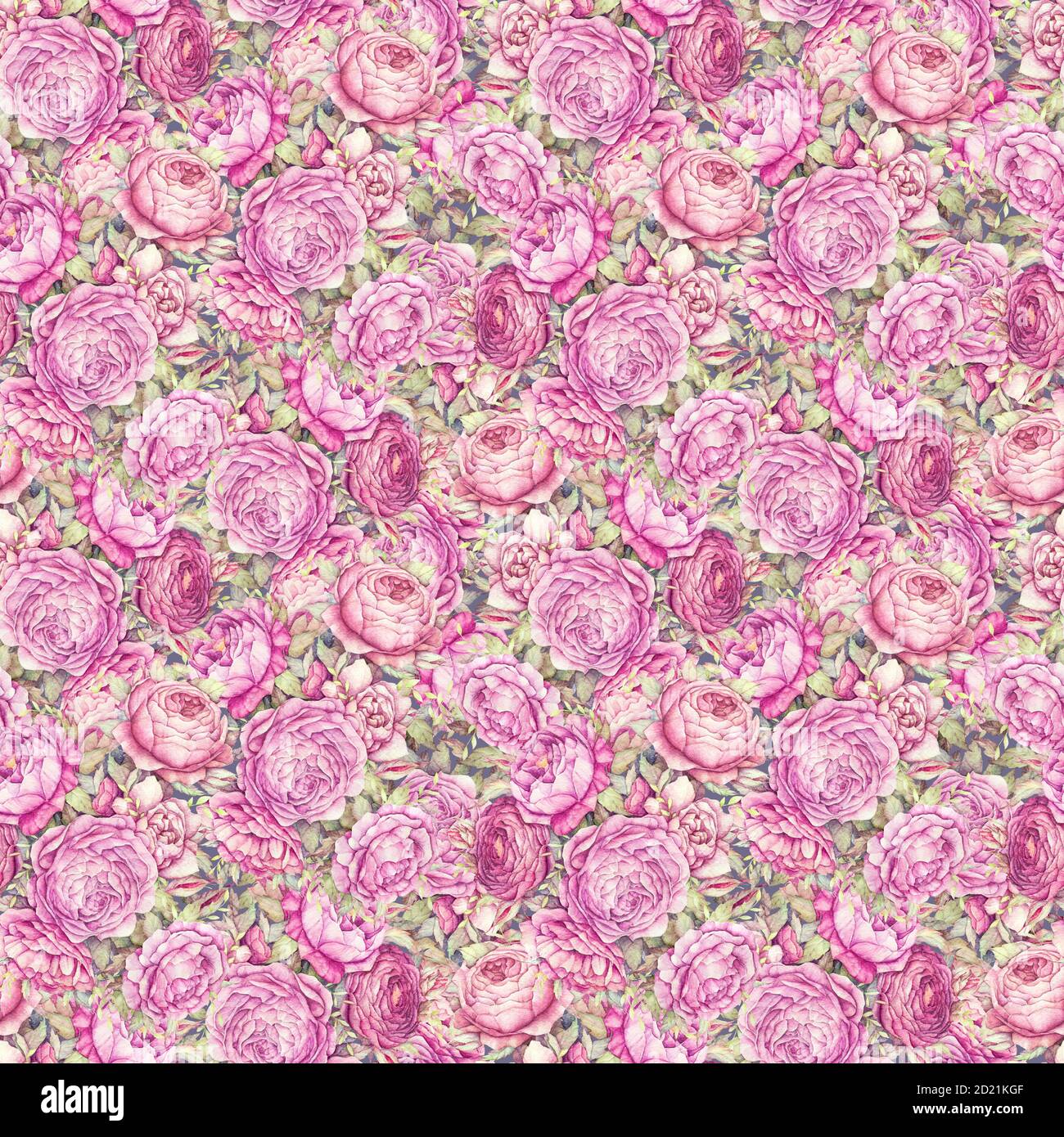 Nahtloses Blumenmuster. Modischer Hintergrund. Aquarell Blumen. Rosa Blumen, Knospen, Blätter, Zweige. Wanddekoration. Dunkelblau Stockfoto