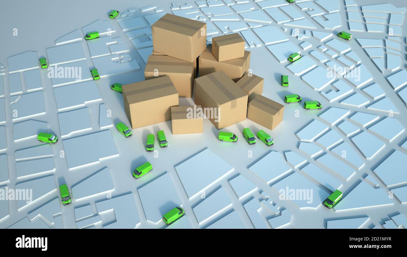 3D-Rendering einer weißen Karte mit grünen Lastwagen im Umlauf Und einen Stapel Kartons Stockfoto