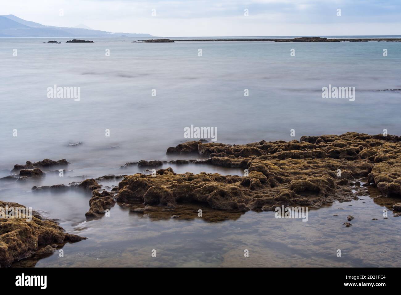 Mit Moos bedeckte Steine bilden Teiche mit dem ruhigen Meer, das durch Barrierestiffe geschützt ist. Stockfoto