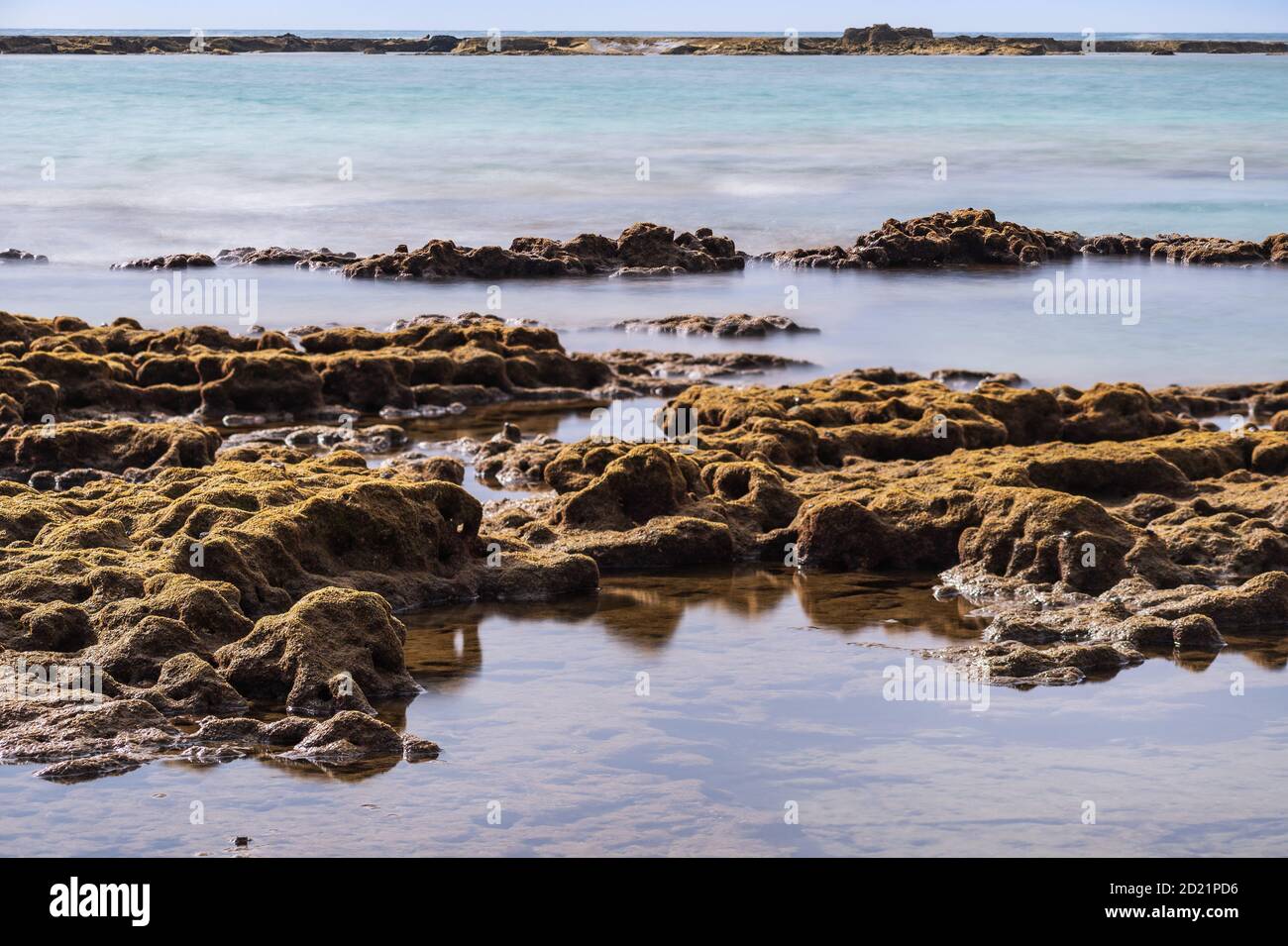 Moosiger Fels und ruhiges verschwommenes Meer mit Barriere Riffen im Hintergrund bei Ebbe. Stockfoto