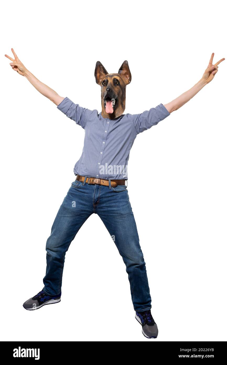 Mann in Hundemaske in Erfolg Friedenszeichen Pose. Volle Länge. Isolierter weißer Hintergrund. Stockfoto