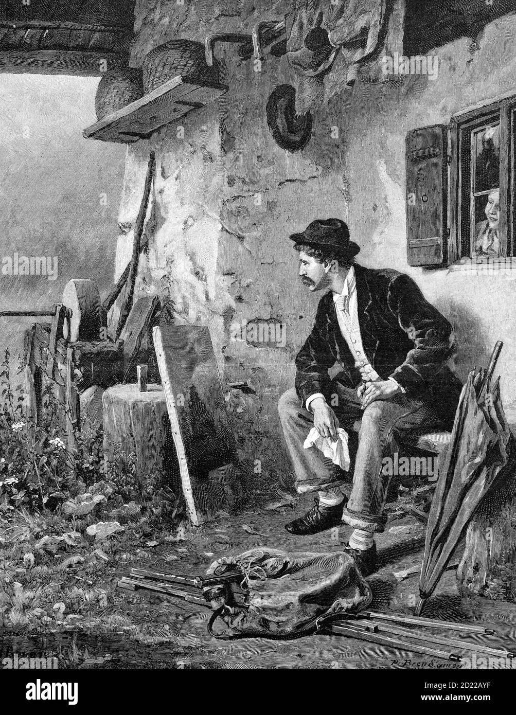 Wandermann wartet auf eine Bank bis zum Ende des Regens, Wanderer, Straßenhändler, 1860, Bayern, Deutschland / Wandersmann wartet auf einer Hausbank auf das Ende des Regens, Wanderer, Hausierer, Bayern, Deutschland, Historisch, historisch, Digitale verbesserte Reproduktion eines Originals aus dem 19. Jahrhundert / digitale Reproduktion einer Originalvorlage aus dem 19. Jahrhundert Stockfoto