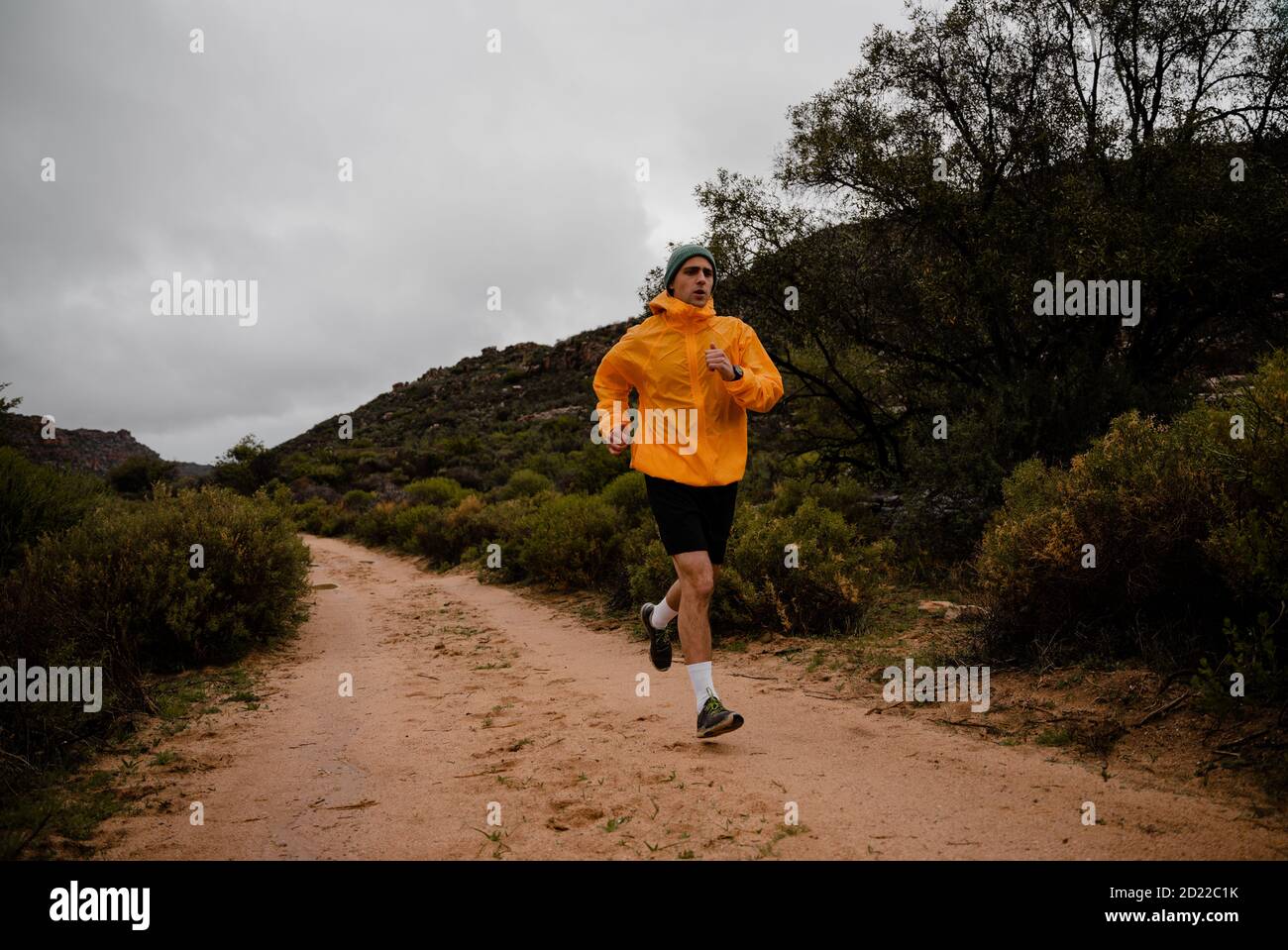 Müde fit junge männliche Läufer Schwitzen Finishing schnell heruntergekommen Bergweg bei bewölktem Wetter mit Büschen und Bäumen Stockfoto