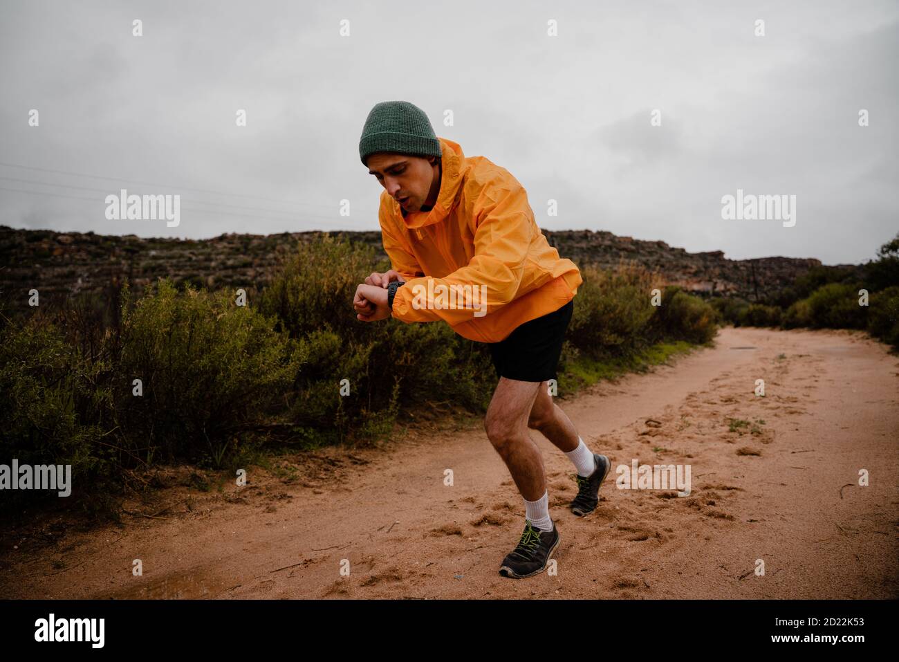Attraktive Passform junger männlicher Athlet, der die Herzfrequenz auf der Smartwatch verfolgt Beim Laufen auf Bergweg mit üppigen Büschen Stockfoto