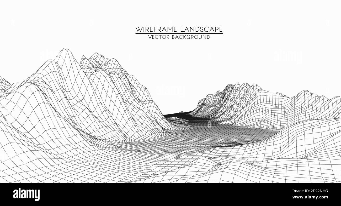 Vektor futuristischen Hintergrund. Abstrakte digitale Landschaft mit Partikeln Punkten am Horizont. Drahtmodell Querformat. Big Data. 80er Jahre Retro Sci-Fi Hintergrund Stock Vektor