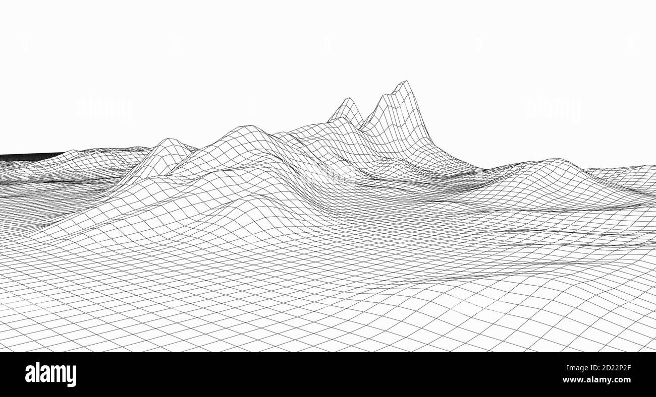 Vektor futuristischen Hintergrund. Abstrakte digitale Landschaft mit Partikeln Punkten am Horizont. Drahtmodell Querformat. Big Data. 80er Jahre Retro Sci-Fi Hintergrund Stock Vektor