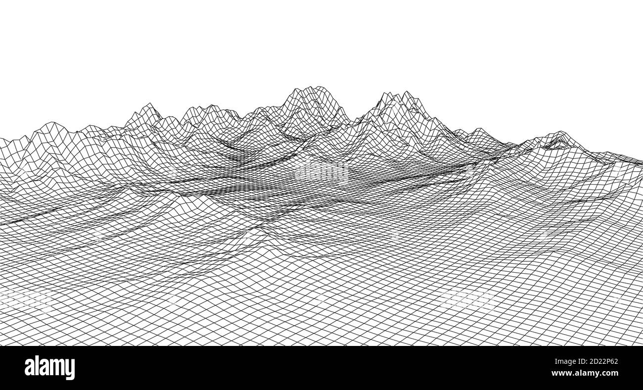 Vektor futuristischen Hintergrund. Abstrakte digitale Landschaft mit Partikeln Punkten am Horizont. Drahtmodell Querformat. Big Data. 80er Jahre Retro Sci-Fi Hintergrund Stock Vektor