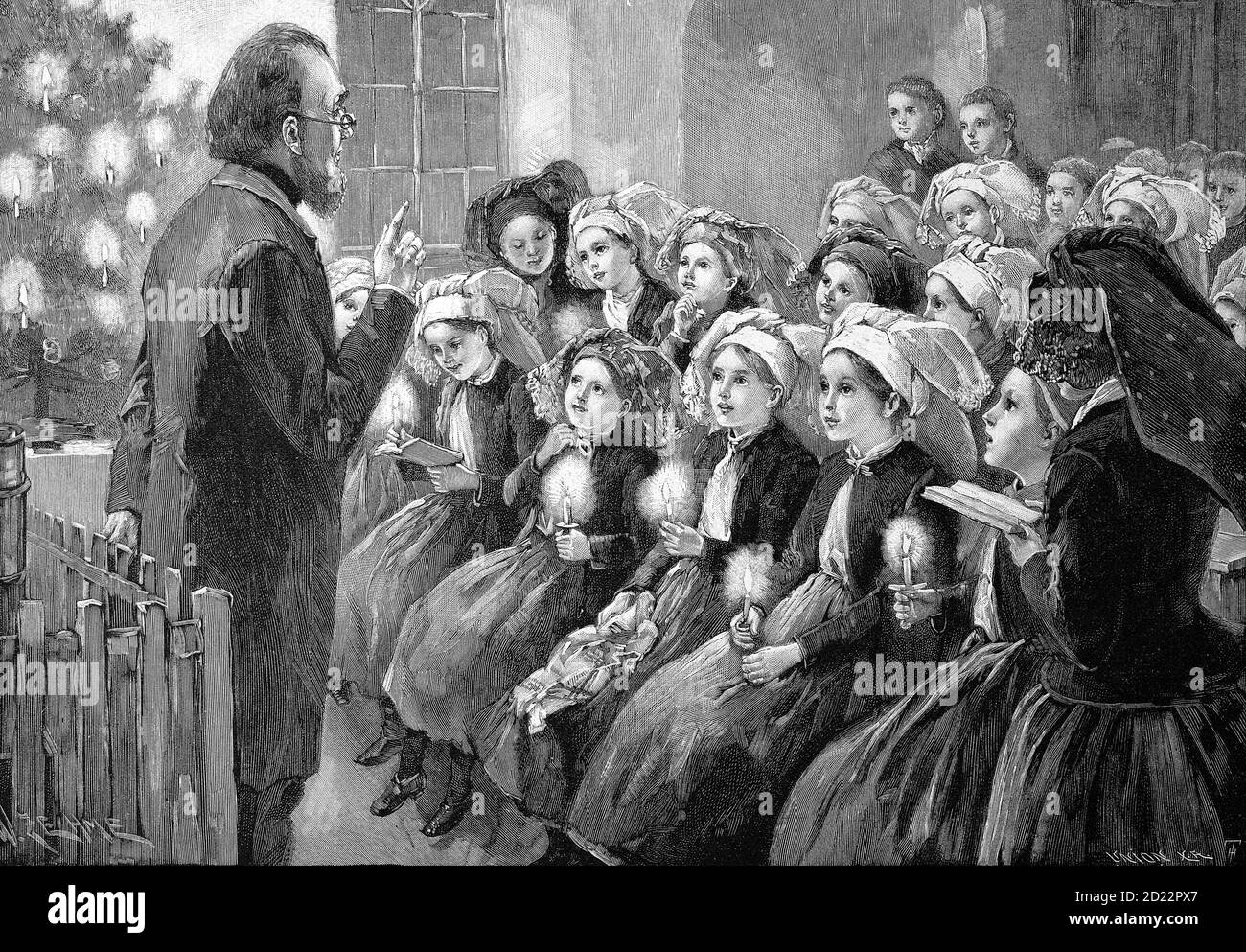 Weihnachten in einer Spreewaldschule, 1870, Spreewald, Deutschland / Weihnachtsfeier in einer Spreewaldschule, Deutschland, Historisch, historisch, digital verbesserte Reproduktion eines Originals aus dem 19. Jahrhundert / digitale Reproduktion einer Originalvorlage aus dem 19ten Jahrhundert. Jahrhundert Stockfoto