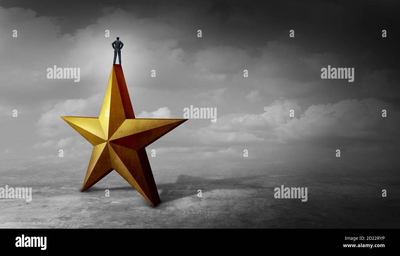 Business Talent Konzept und Corporate Success Symbol als Geschäftsmann auf einem goldenen Stern mit 3D-Render-Elemente stehen. Stockfoto