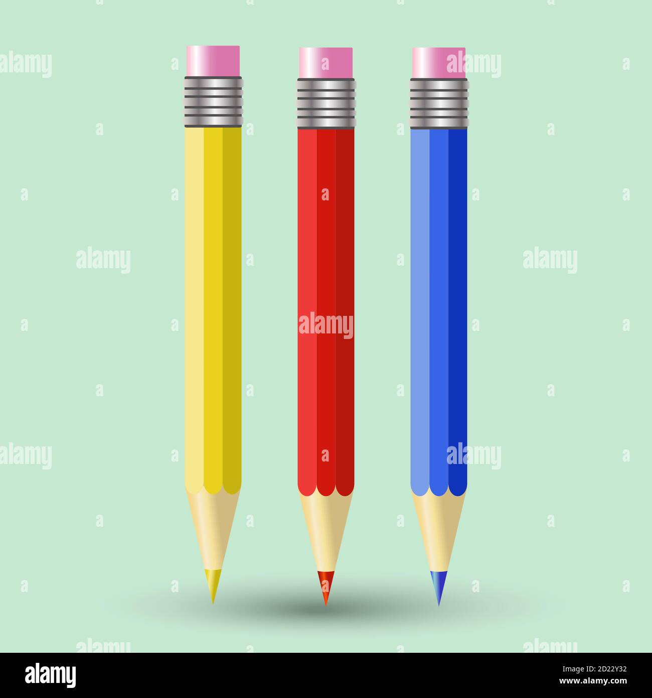 Vektor-Set von drei bunten Bleistiften - rot, blau und gelb, mit einem Gummiband auf der Oberseite. Isoliert auf hellgrünem Hintergrund. Bleistiftsymbol Stock Vektor