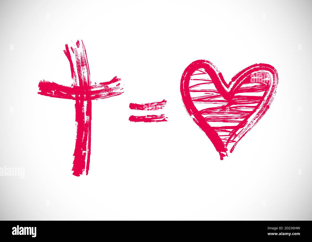 Gott ist Liebe Grußkarte. Cross equals Herz Form kreatives Logo. Religiöse christliche Logo Konzept. Strichsymbol in Pinsel und Kreide einfarbig. Stock Vektor