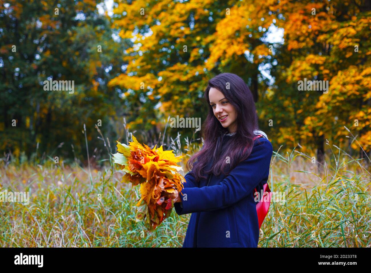 Lächelnde Frau macht einen Herbstkranz aus bunten Ahornblättern. Freizeit im Freien. Herbstkonzept Stockfoto