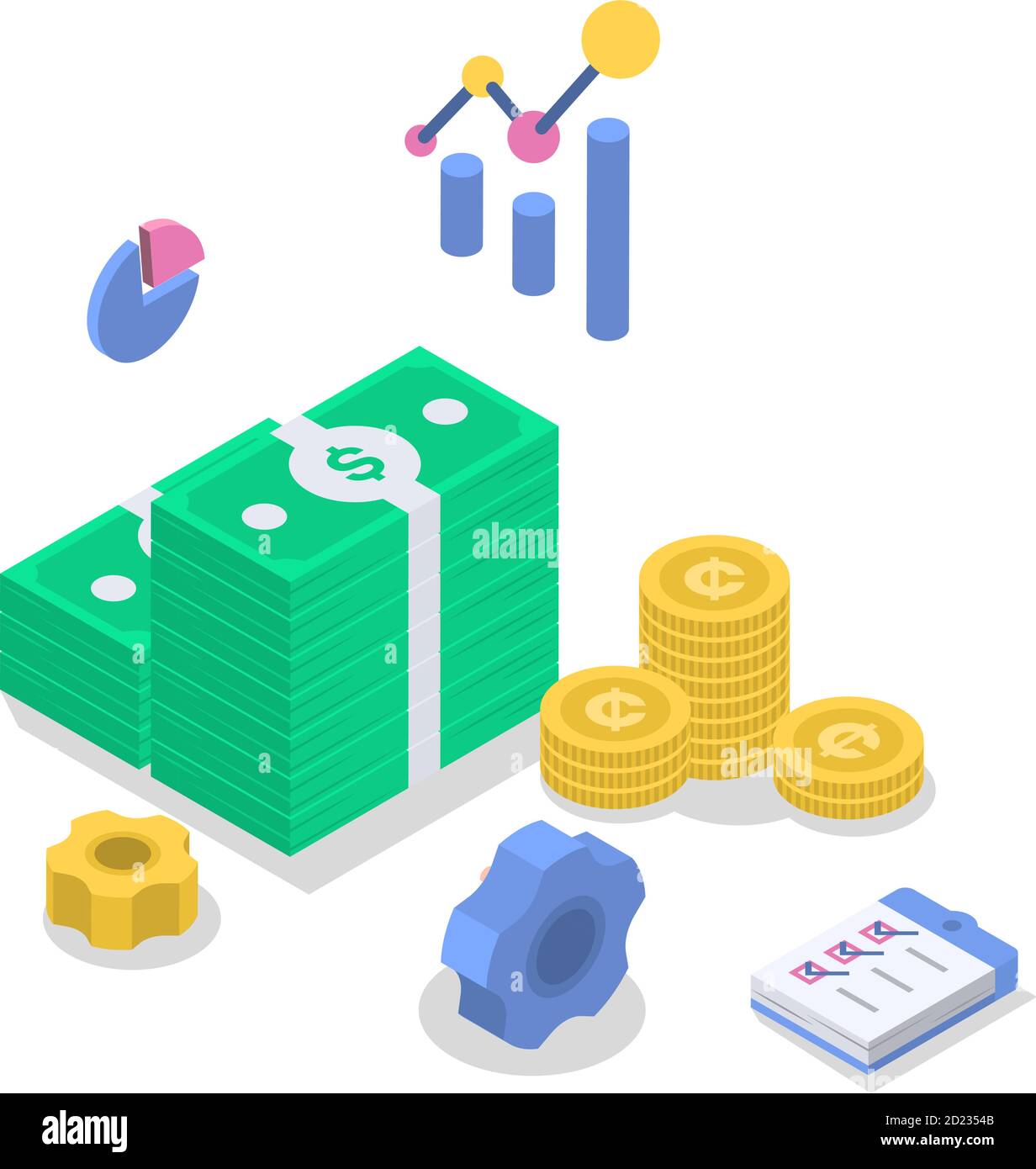 Darstellung des isometrischen Farbvektors für die Buchhaltung. Finanzprüfung. Budgetverwaltung. Geschäftsstrategie. Investitionen. Bankwesen. Buchhaltung. Berechnung Stock Vektor