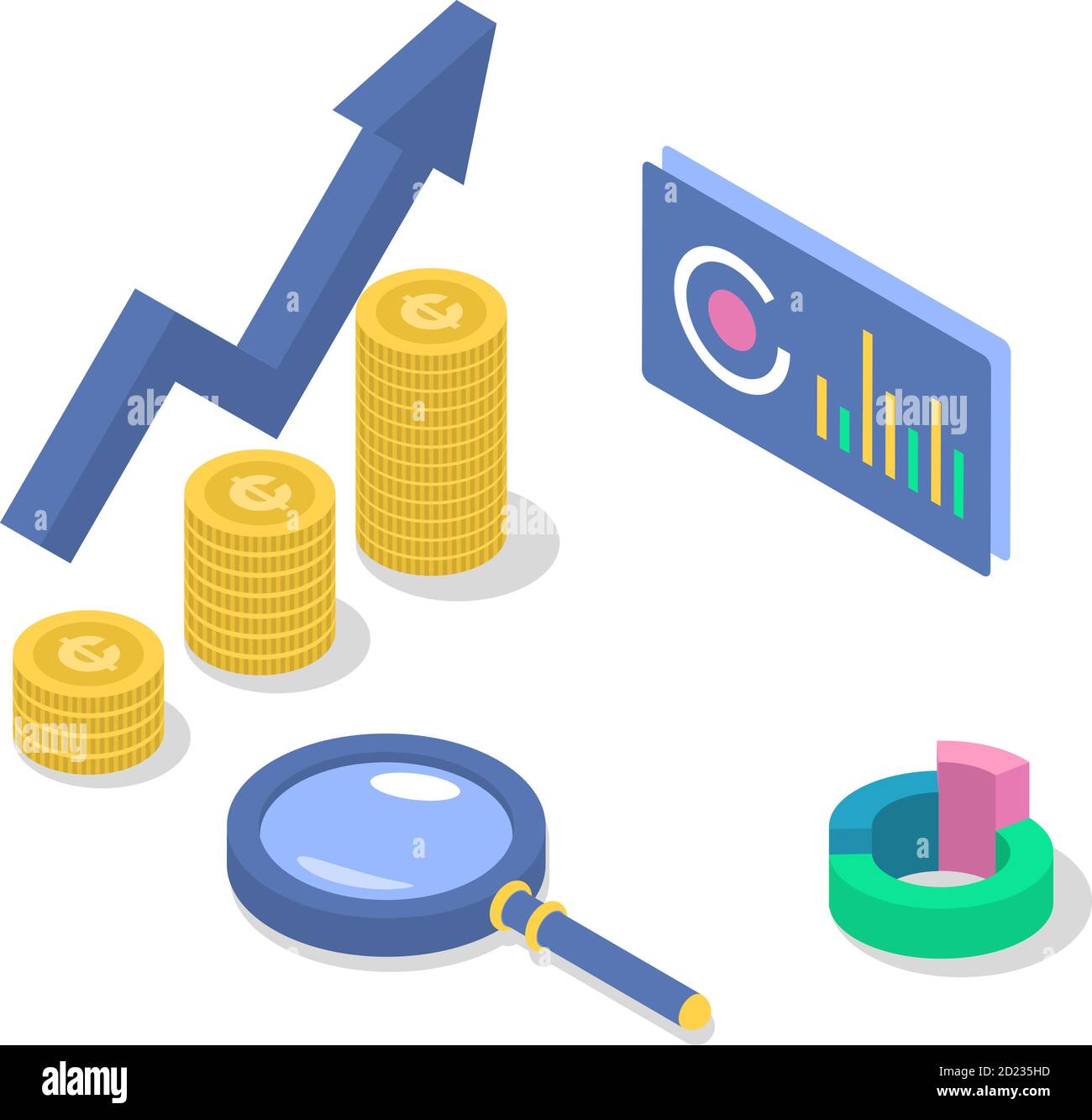 Darstellung der isometrischen Farbvektoren für Buchhaltung und Audit. Umsatzsteigerung. Wirtschaftswachstum. Geschäftsplan. Datenanalyse und Statistiken. Unternehmen Stock Vektor