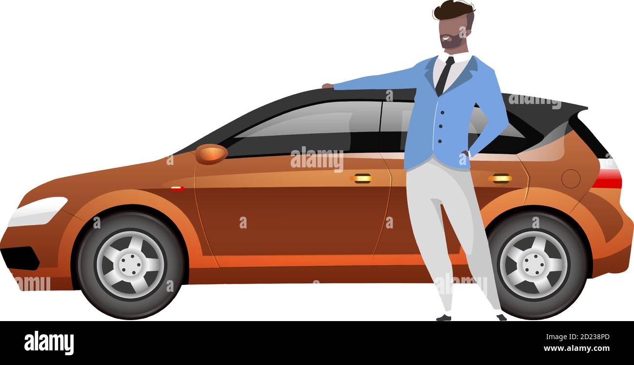 Mann steht von Schraffur flache Farbe Vektor gesichtslosen Charakter. afroamerikanischer Geschäftsmann mit Auto isoliert Cartoon Illustration für Web-Grafik Stock Vektor