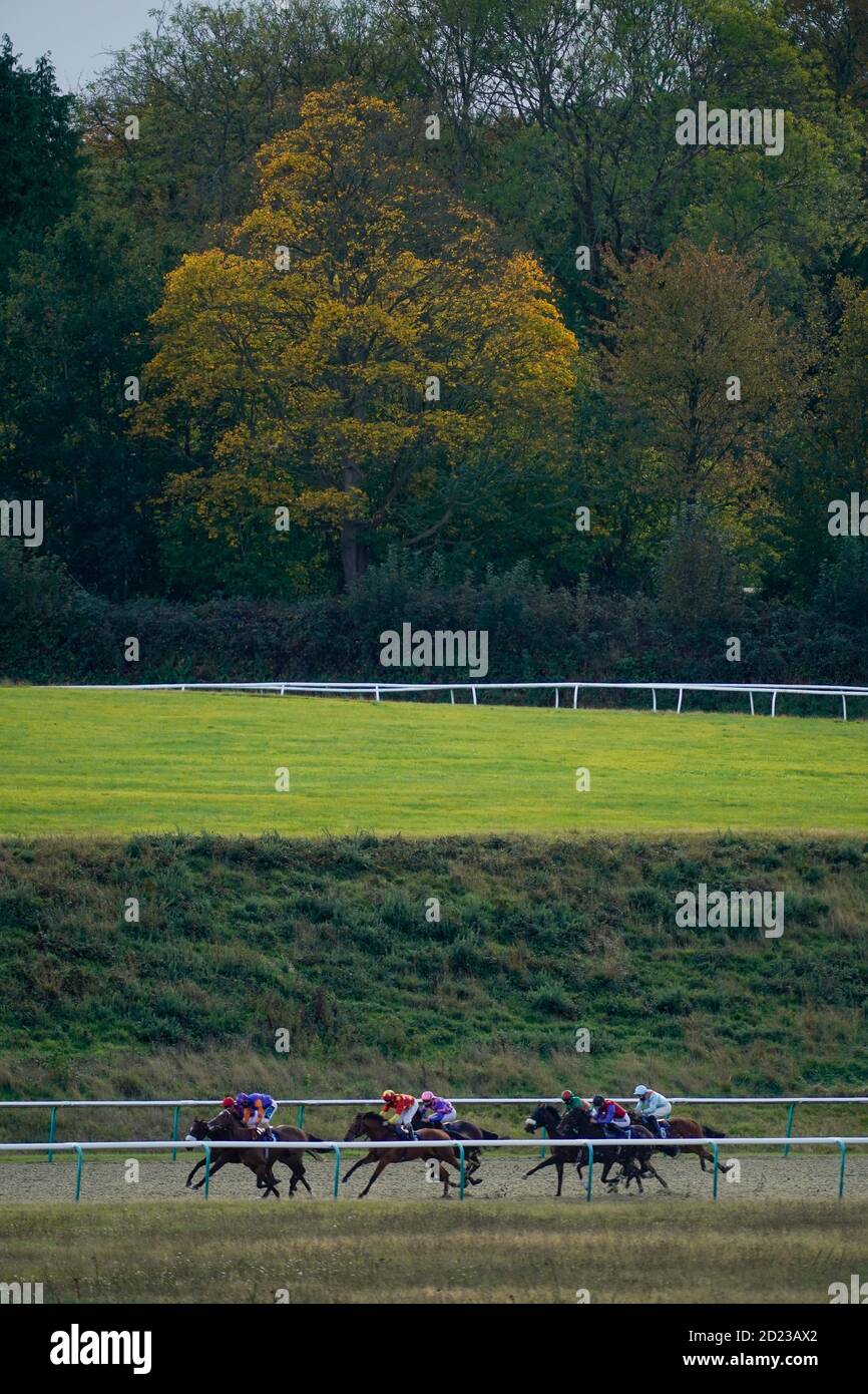 LINGFIELD, ENGLAND - OKTOBER 06: Eine allgemeine Ansicht, wie Läufer Rennen die Seite der Strecke in der Betway British EBF Novice Stakes auf Lingfield Park Racecourse am 06. Oktober 2020 in Lingfield, England. Besitzer dürfen teilnehmen, wenn sie einen Läufer an der Sitzung haben, sonst bleibt Rennen hinter verschlossenen Türen für die Öffentlichkeit wegen der Coronavirus-Pandemie. (Foto von Alan Crowhurst/Getty Images) Stockfoto