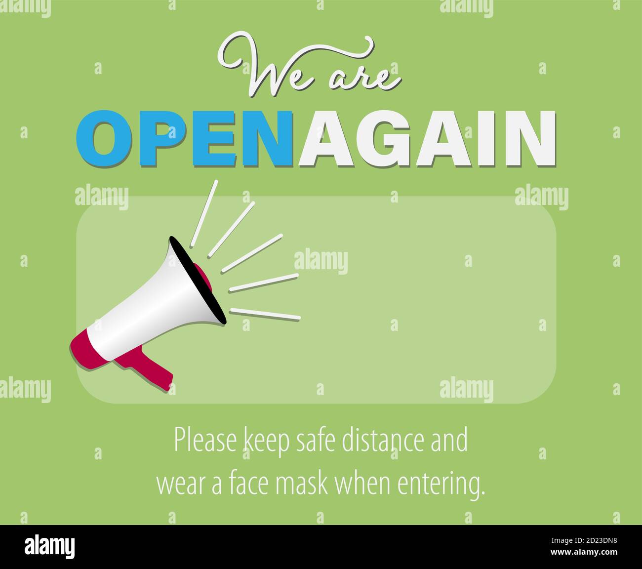 WIR SIND WIEDER GEÖFFNET, öffnen Aufkleber oder Schild mit Megaphon und Kopierplatz für Öffnungszeiten oder Business-Logo Stock Vektor