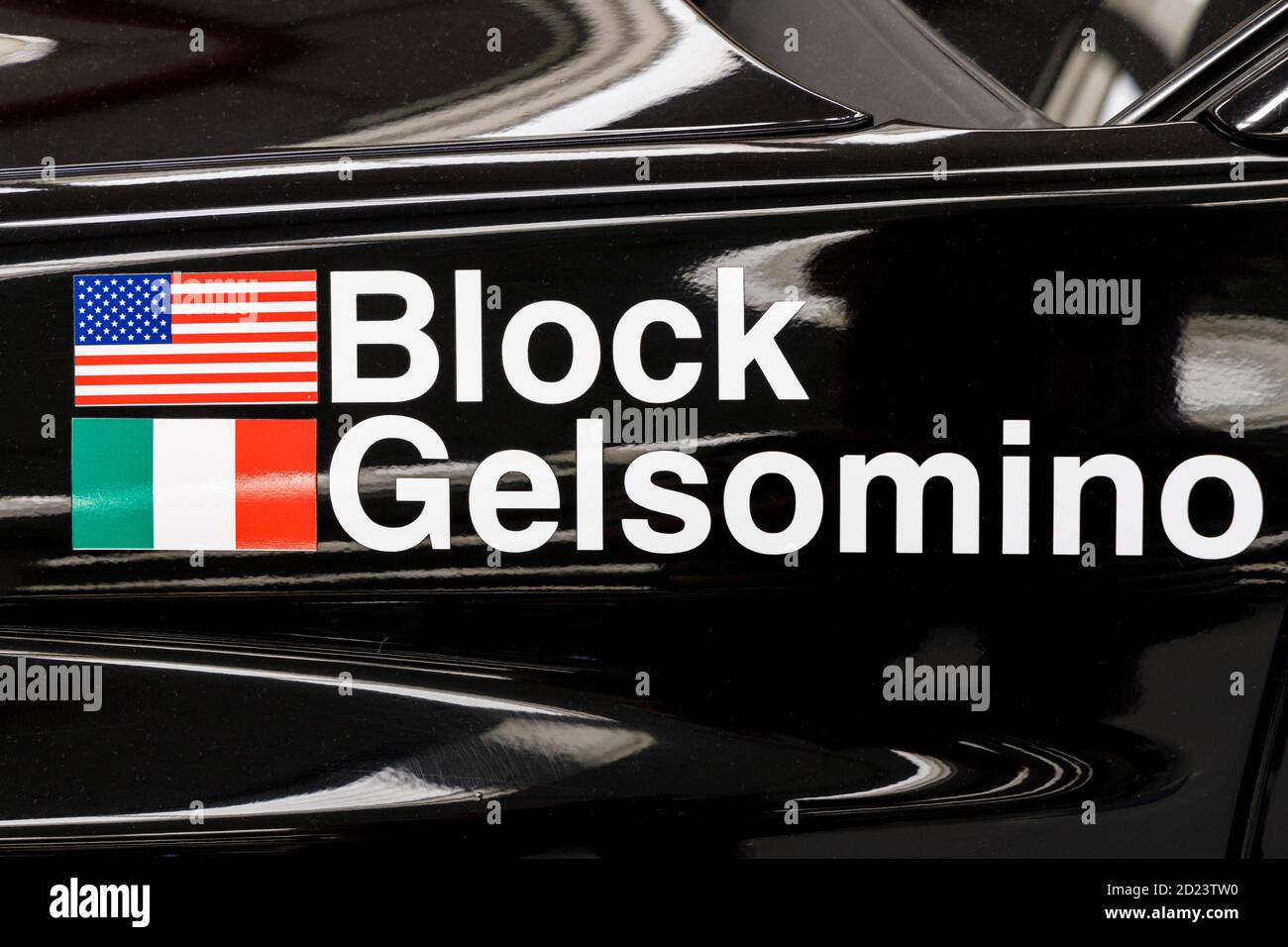 Die Namen von Ken Block und Gelsomino Alessandro auf einer 2006 Subaru Impreza STI C-spec RA, Southward Motor Museum, Otaihanga, North Island, Neuseeland. Stockfoto