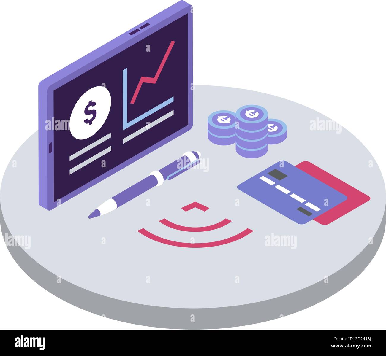 E Zahlung isometrische Farbe Vektor Illustration. Kreditkarte, elektronische Geldbörse. Analyse der Einnahmen aus Geldanlagen. Finanzdienstleistungen, Bankwesen 3d Stock Vektor