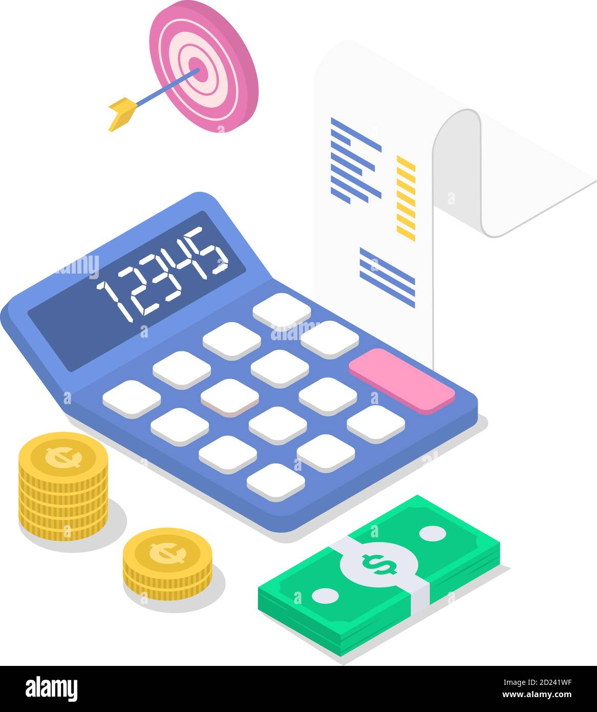 Umsatz isometrische Farbvektordarstellung. Jahresfinanzbericht. Buchhaltung und Audit. Einkommensberechnung. Investitionen. Geschäftsplanung. Steuern Stock Vektor