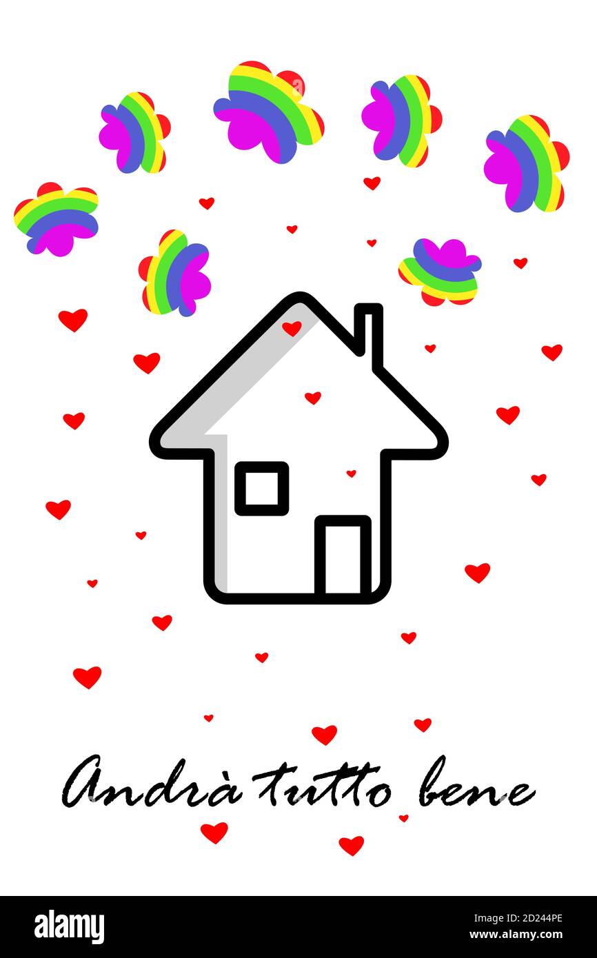 Haus Ikone mit Wolken in den Farben des Regenbogens, rote Herzen. Text auf  italienisch, Slogan während der Pandemie Stock-Vektorgrafik - Alamy