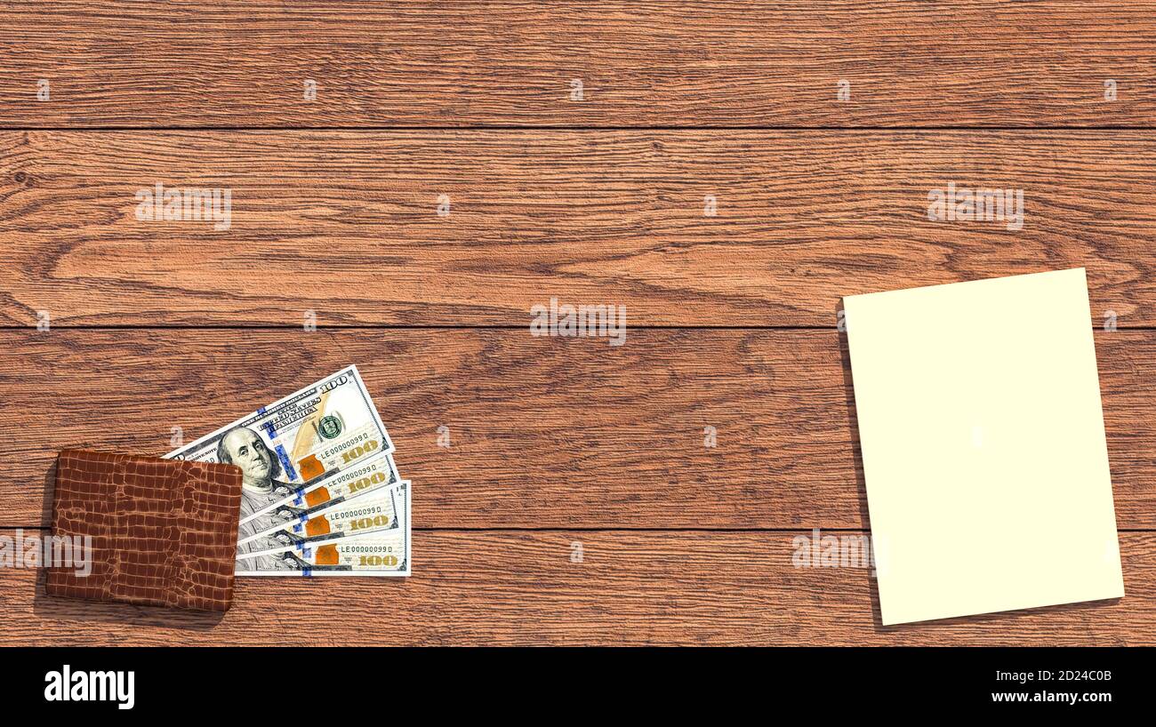 Geldbuch und Geldbörse auf Holzhintergrund - Business und Finanzkonzept - Dollar Stockfoto