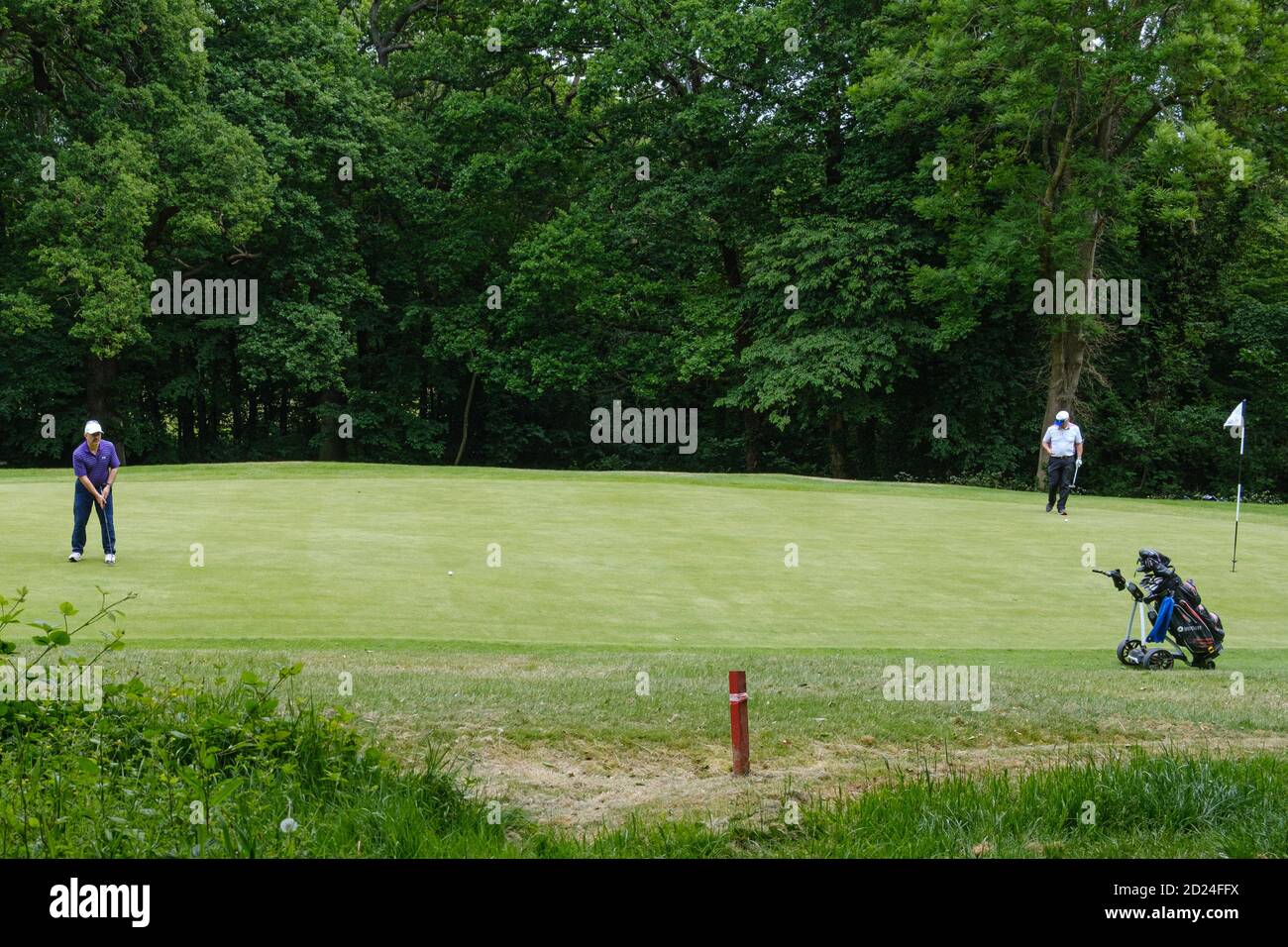 Der männliche Golfer trifft den Ball auf dem Grün zum Abschlag im Pinner Hill Golf Club, Pinner, Middlesex. T-Shirt mit Flagge auf der rechten Seite mit Golfwagen & ein weiterer Golfer. Stockfoto
