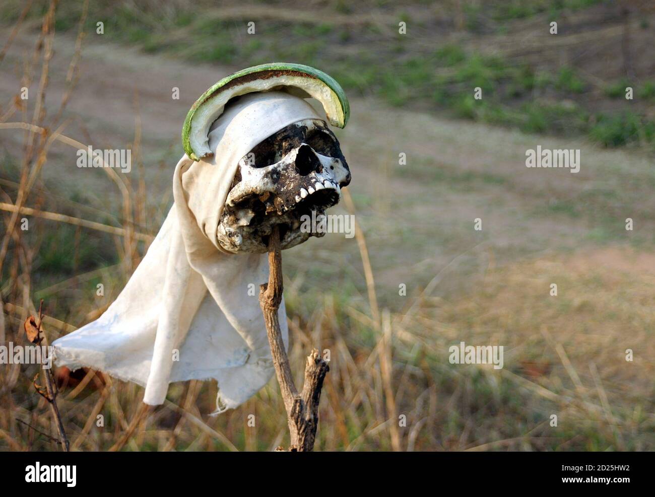 Ein Schadel Sagte Dass Der Mai Mai Gefangen Und Getotet Von Wutenden Dorfbewohnern Ist In Der Nahe Von Mukana Dorf In Der Demokratischen Republik Kongo Katanga Region 21 August 05 Angezeigt Ausserhalb Die