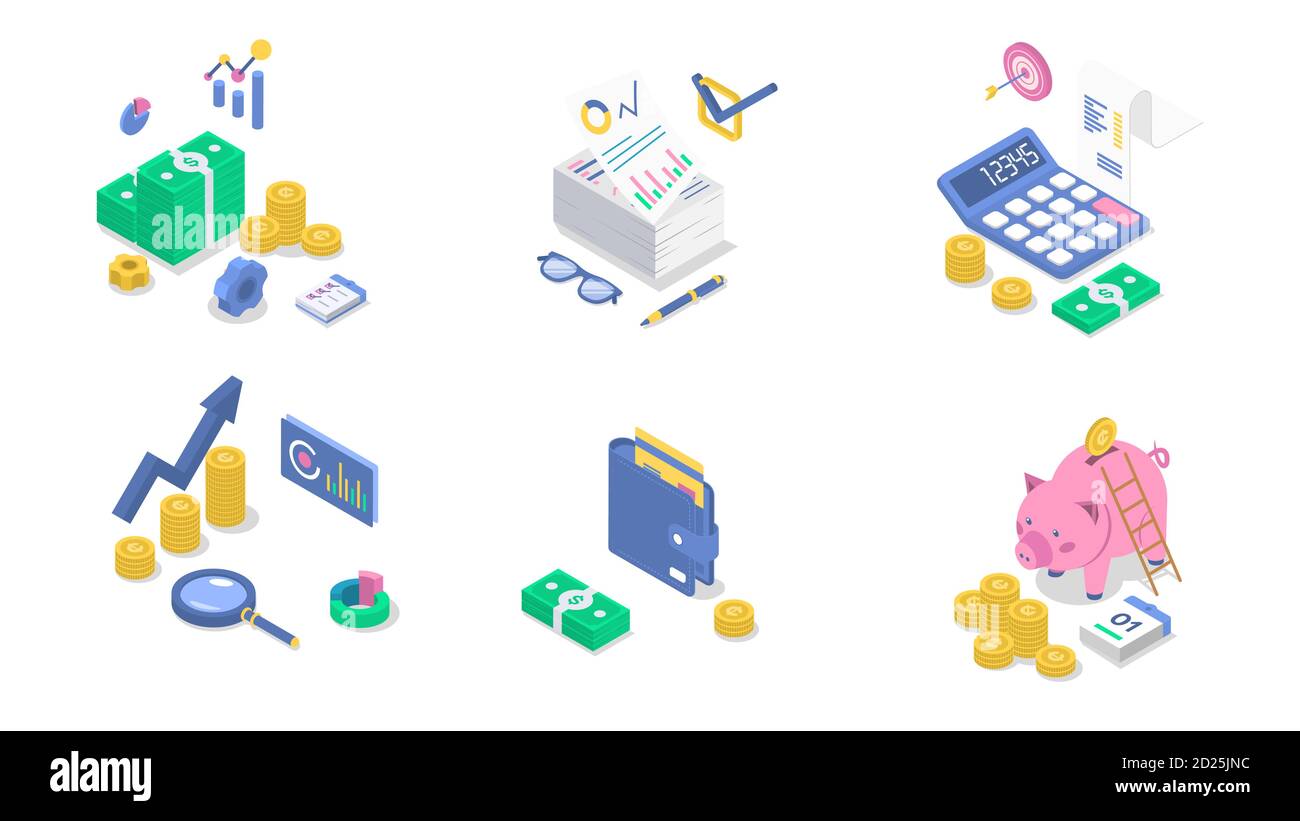 Isometrisches Farbevektor-Illustrationsset für die Buchhaltung. Finanzprüfung. Geschäftsstrategie. Gehaltszahlung. Geld sparen. Bankwesen. Buchhaltung. Investitionen Stock Vektor