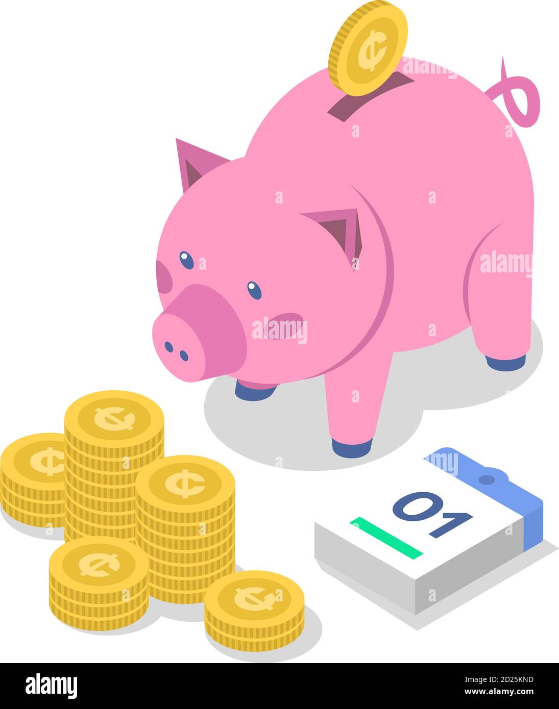 Geld sparen isometrische Farbe Vektor Illustration. Bankeinzahlung. Bankwesen. Münzen und Sparschwein. Wirtschaft. Buchhaltung und Audit. Investitionen. Gehalt Stock Vektor