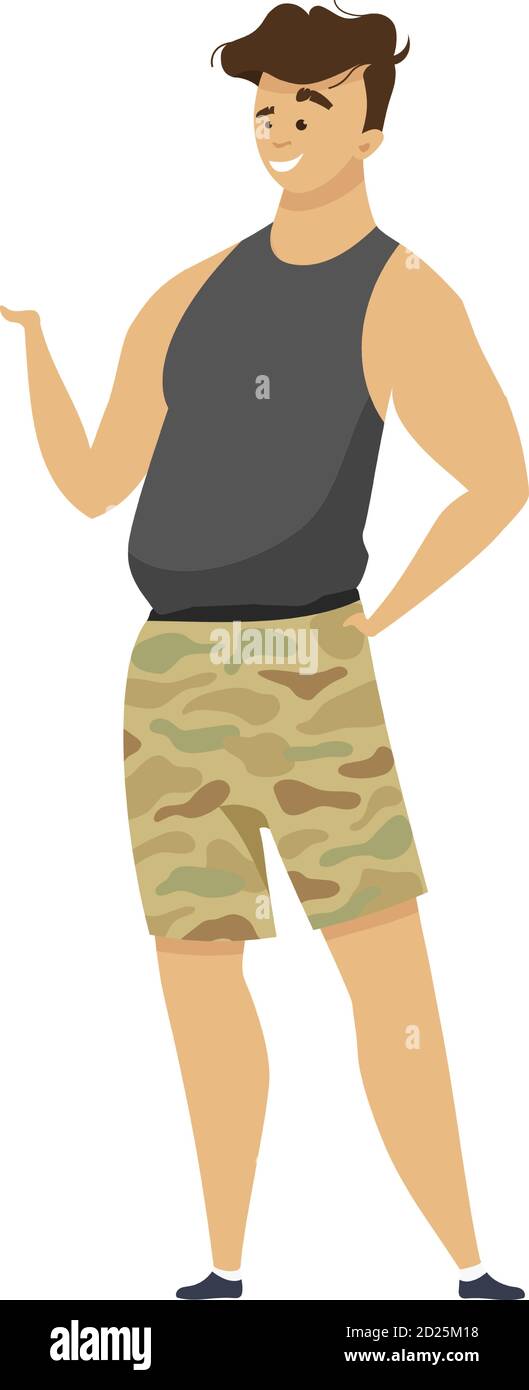 Explorer-Grafik für flache Farbvektoren. Abenteurer im Armeeunterkleid. Mann in Camouflage Shorts. Stoff im Militärstil. Expeditionierer isoliert Stock Vektor