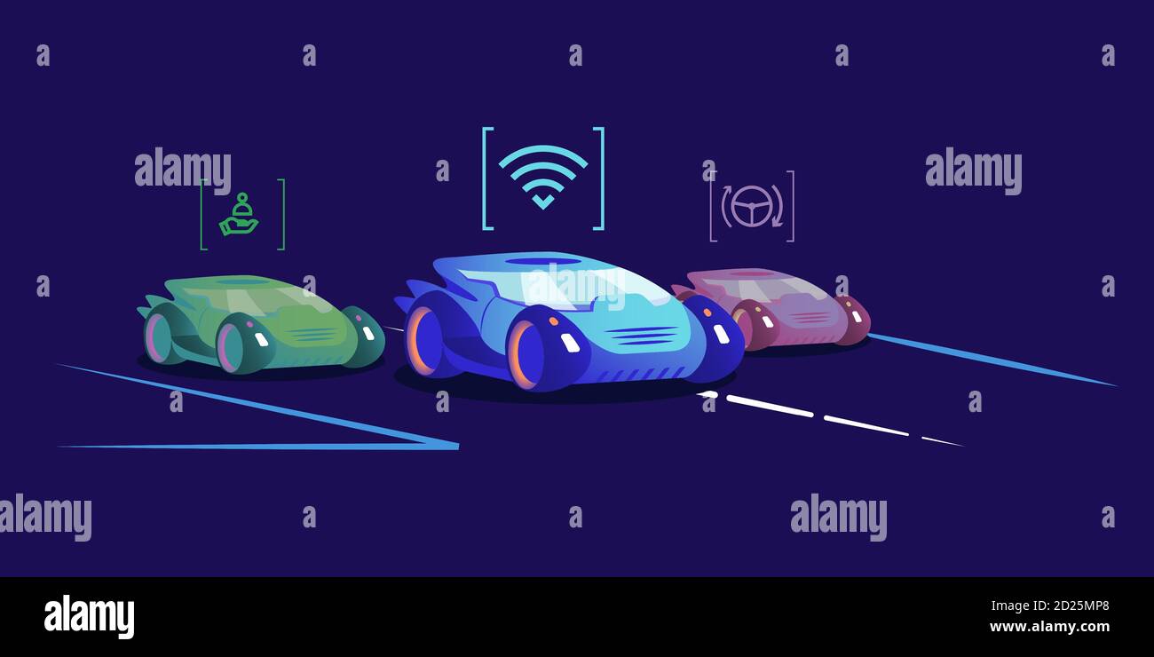 Fahrerlose Autos flache Farbe Vektor Illustration. Futuristische selbstfahrende Fahrzeuge mit verschiedenen Automatisierungsstufen auf blauem Hintergrund. Automobile in Stock Vektor